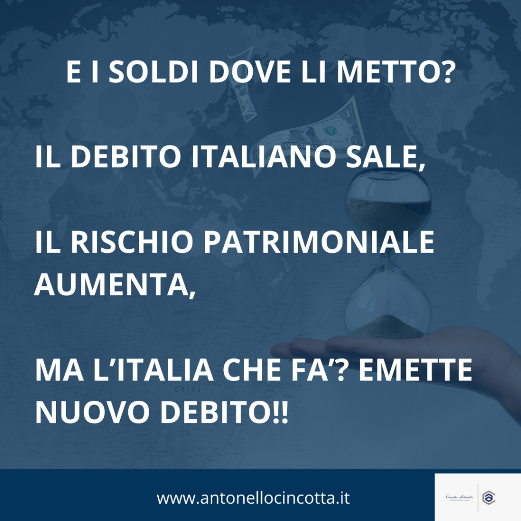 Rappresentazione visiva dell'articolo: E i soldi dove li metto?
Il debito Italiano sale, il rischio Patrimoniale aumenta, ma l’Italia che fa’? Emette nuovo debito!!